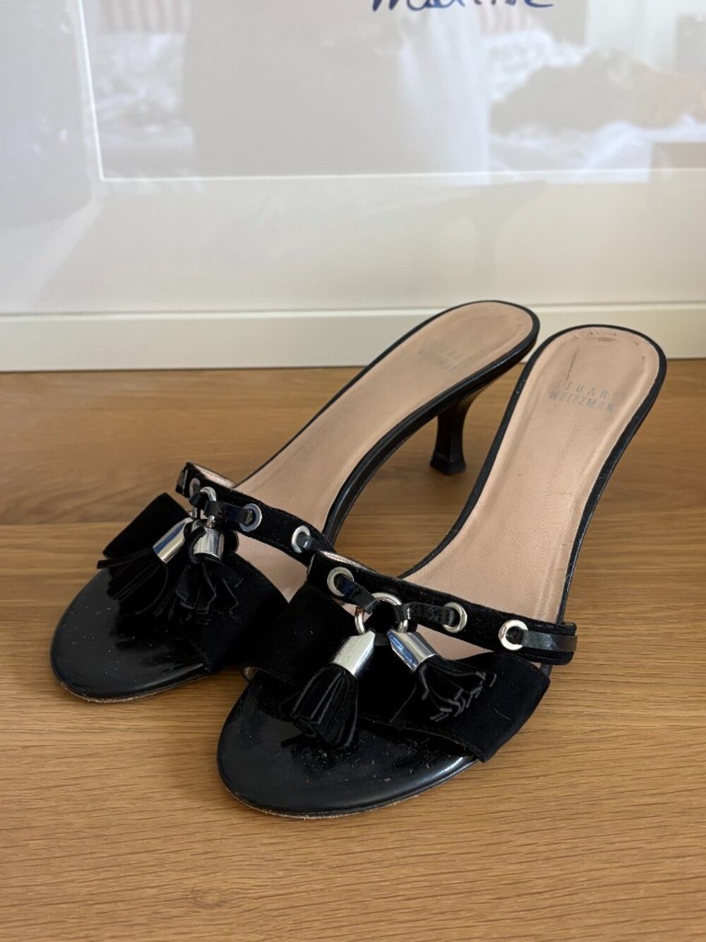 Stuart Weitzman Black with Silver Tassel Kitten Heel Sandals, Size 8